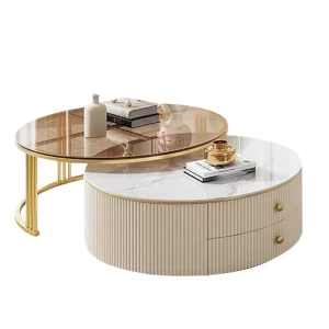 RINA SINTERED STONE & GLASS ROUND COFFEE TABLE WITH DRAWERS