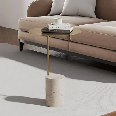 IRIS TRAVERTINE BASE & METAL TOP SIDE TABLE