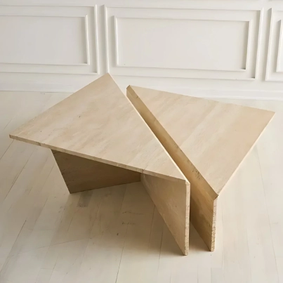 TRIANGULAR TRAVERTINE 2 PIECE COFFEE TABLE