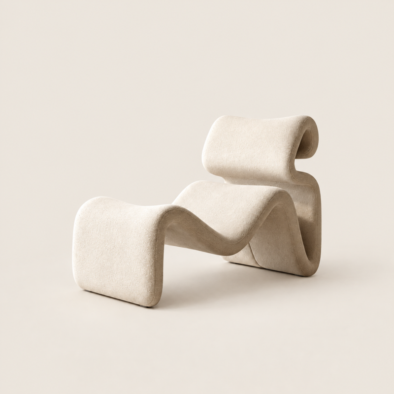 Curvy Beige Lounge Chair with Velvet Upholstery
