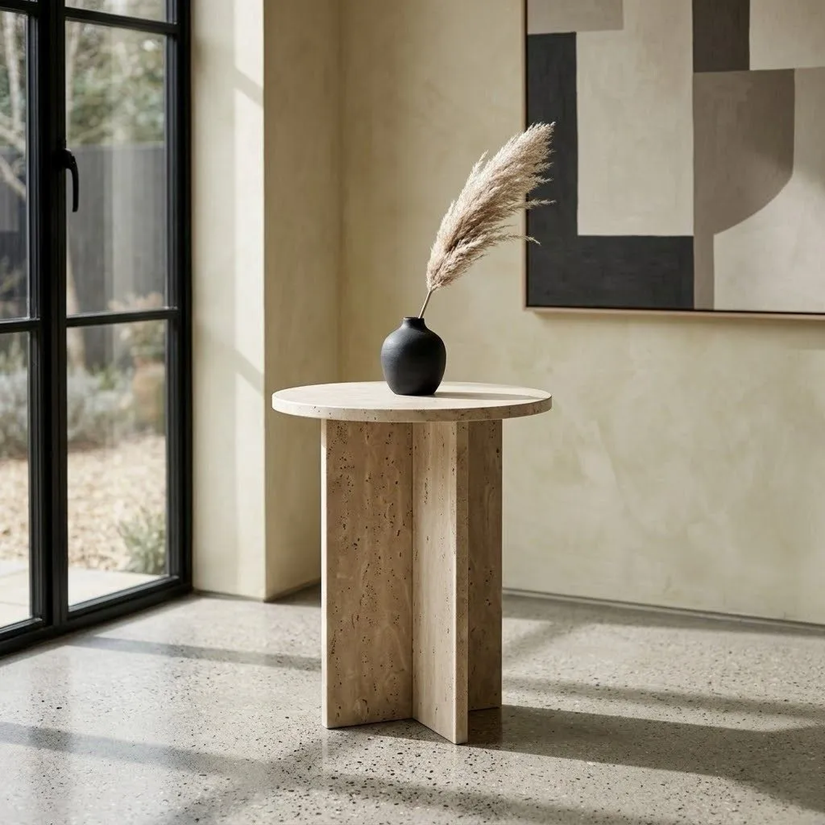 Beige Travertine Side Table – Modern Natural Stone Accent Table UAE