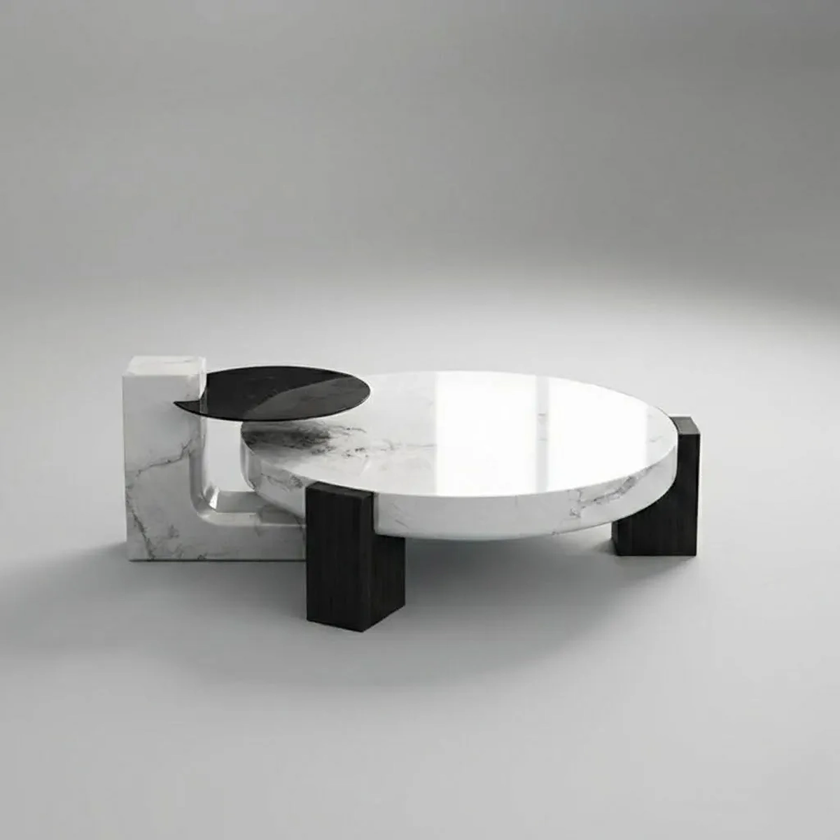 Lony Black & White Marble with Veneered Wood Coffee Table