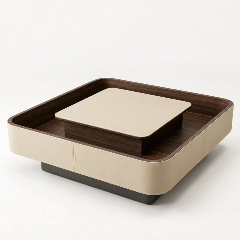 Faux Leather Coffee Table - Maco | Beige Wood Design | Majestic