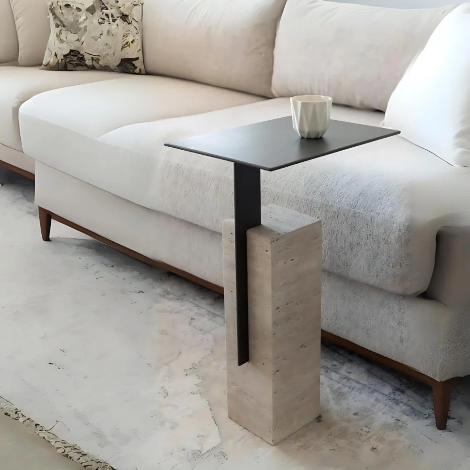 LANNY SIDE TABLE TRAVERTINE BASE & METAL TOP