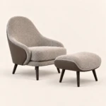 Rina Lounge Chair Ottoman Set with Grey Faux Leather, Linen & Steel Legs