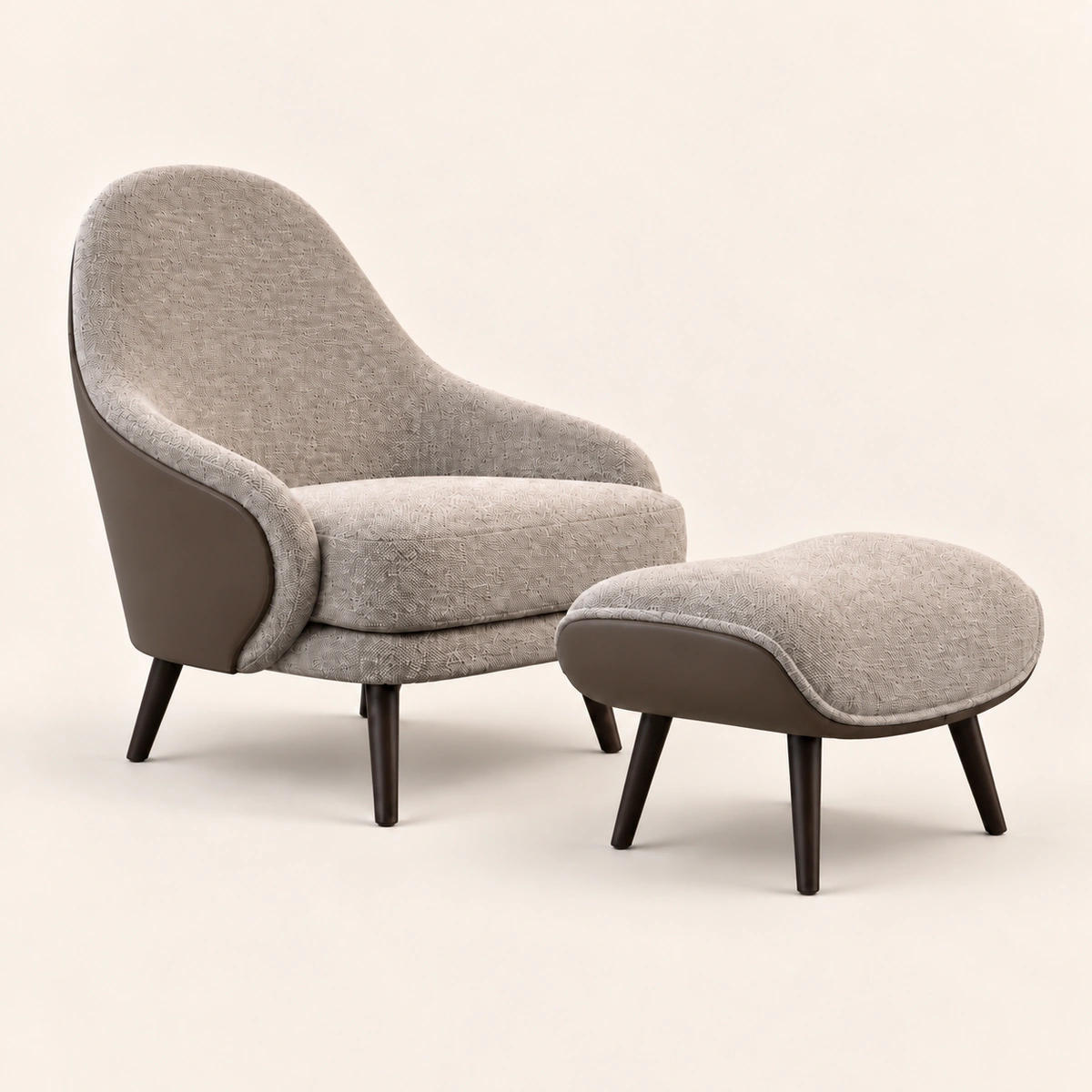 Rina Lounge Chair Ottoman Set with Grey Faux Leather, Linen & Steel Legs