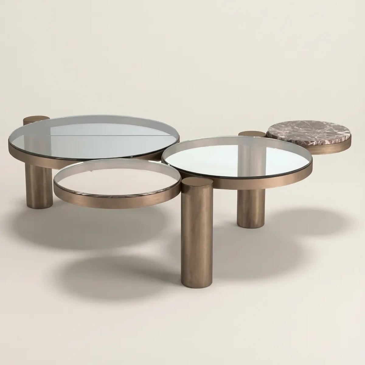 Tolina Coffee Table Round Glass Top Bronze Stainless Steel Stone Accent Luxury Table 7 Features