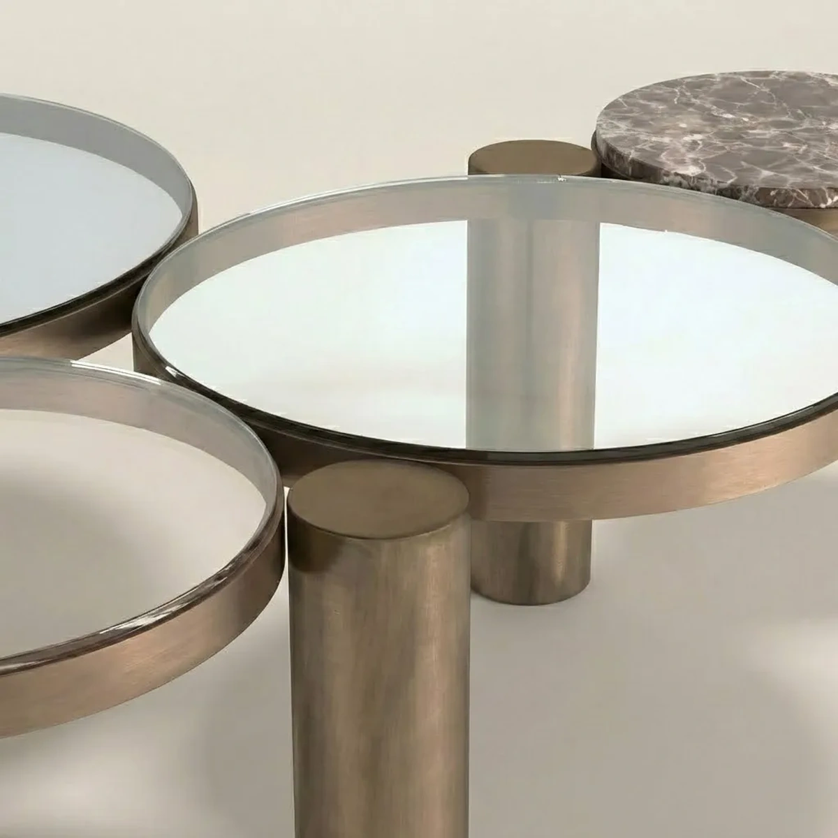 Tolina Coffee Table Round Glass Top Bronze Stainless Steel Stone Accent Luxury Table 7 Features