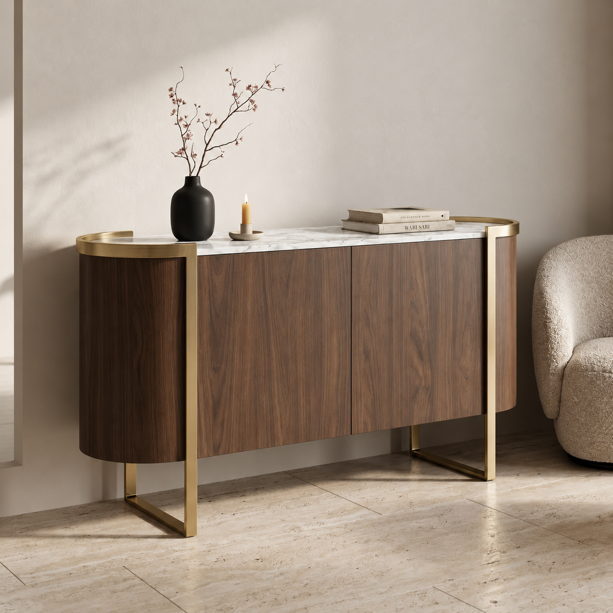 Hampton Walnut & Gold Coffee Cabinet 160 cm | Luxury Coffee Station Cabinet UAE