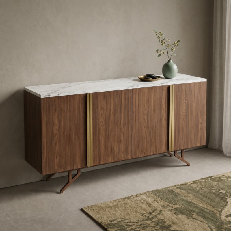 Stratford Walnut & Gold Coffee Cabinet 160cm | Luxury Coffee Station Cabinet UAE
