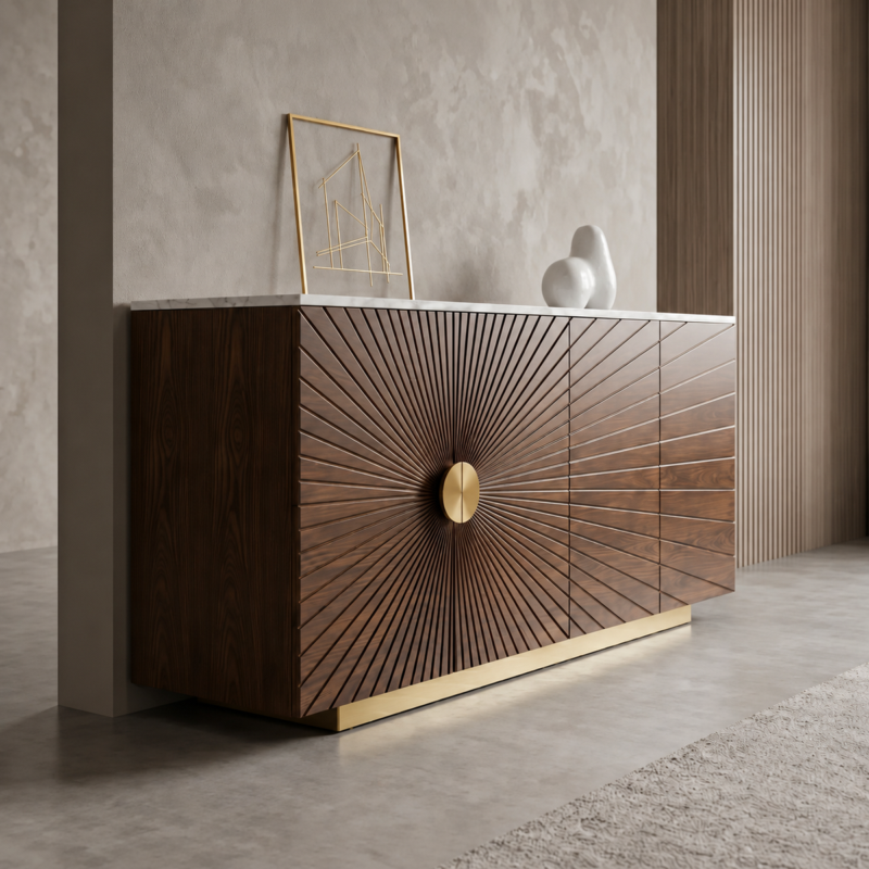 Balmorel Walnut & Gold Coffee Cabinet 160cm | Luxury Coffee Station Cabinet UAE