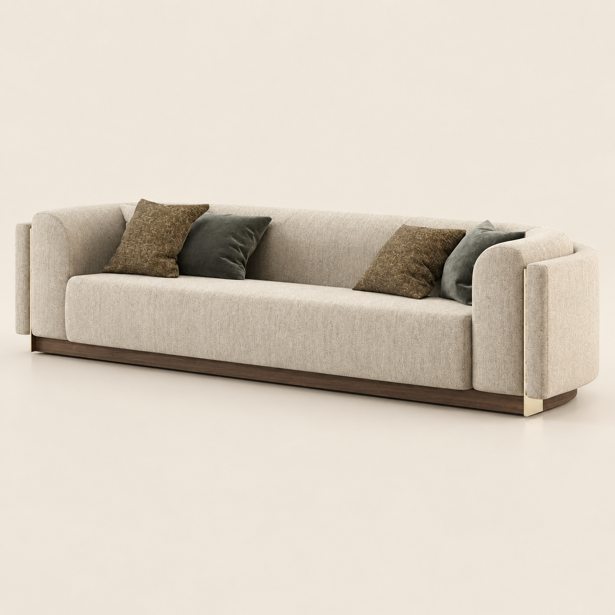 Felina 3 Seater Sofa | Modern Beige Upholstered Luxury Sofa with Wooden Base