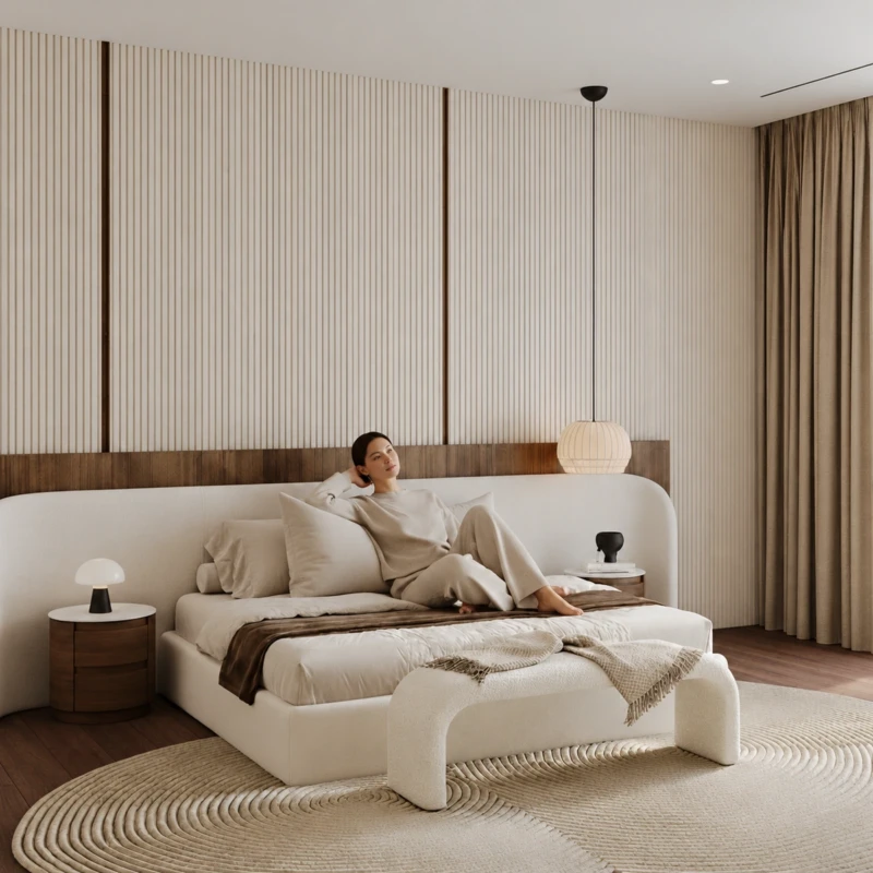Caterina Bed | Wide Upholstered Headboard & Soft Curves