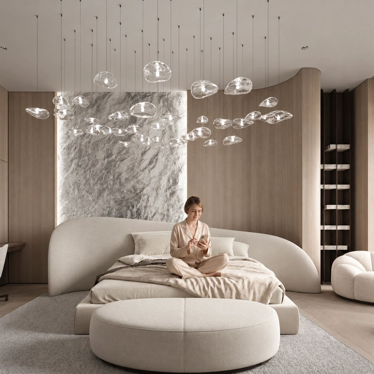 Elena Bed | Wide Curved Headboard and Upholstered Base