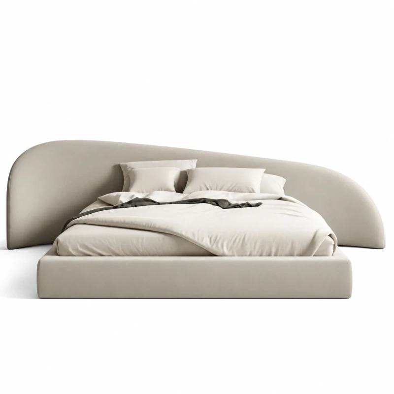 Elena Bed | Wide Curved Headboard and Upholstered Base