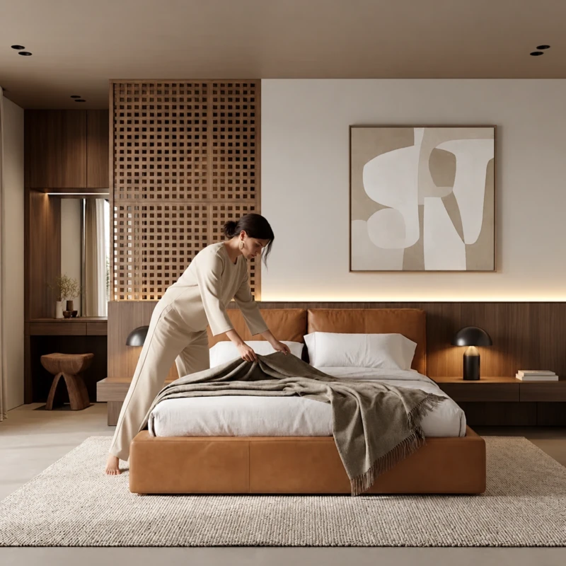 Gabriela Bed | Tan Leather-Look Upholstered King Bed