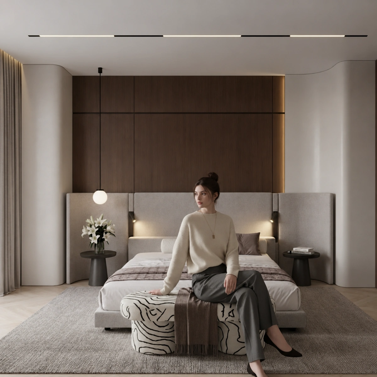 Mirella Bed | Taupe Upholstered Bed with Wide Headboard