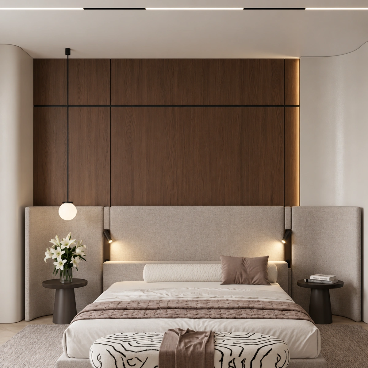 Mirella Bed | Taupe Upholstered Bed with Wide Headboard