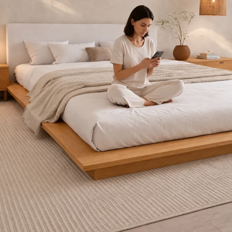 Valeria Bed | Wood Platform Bed with Upholstered Headboard