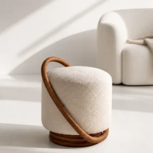 Carolina Ottoman – Boucle Pouf with Wood Handle