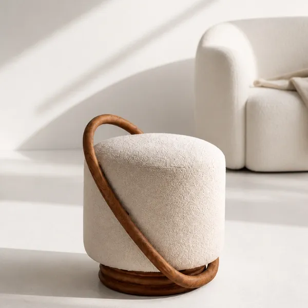 Carolina Ottoman – Boucle Pouf with Wood Handle