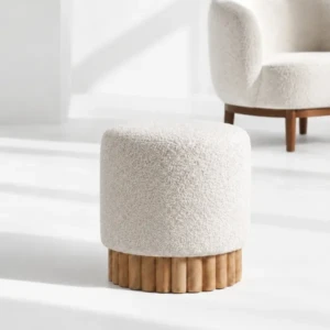 Grazia Ottoman | Round Boucle Ottoman with Wood Slats