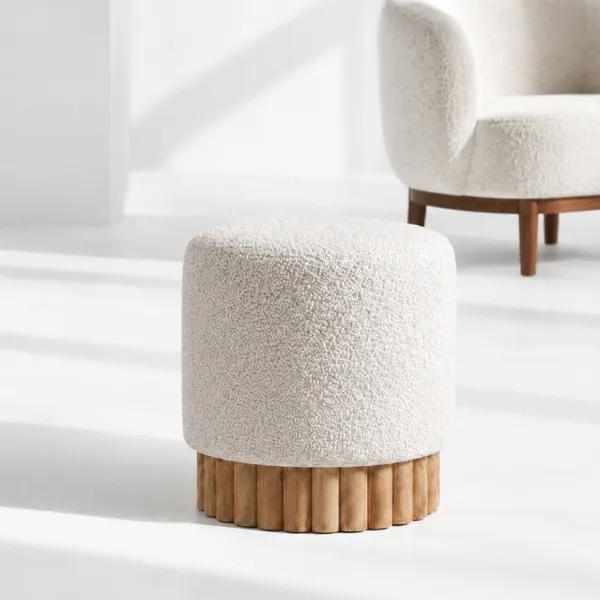 Grazia Ottoman | Round Boucle Ottoman with Wood Slats