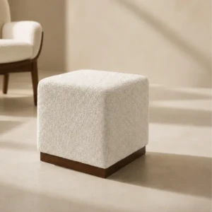 Lavina Ottoman | Boucle Cube Ottoman with Wood Base