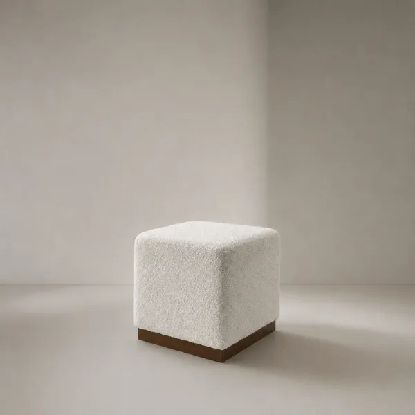 Lavina Ottoman | Boucle Cube Ottoman with Wood Base