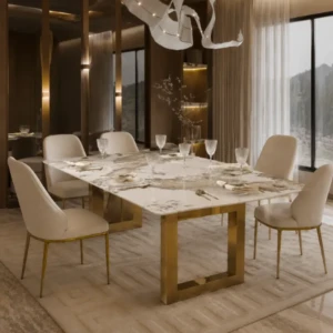 Ocean Dining Table | Pandora Sintered Stone Top, Mirror Gold Steel Base