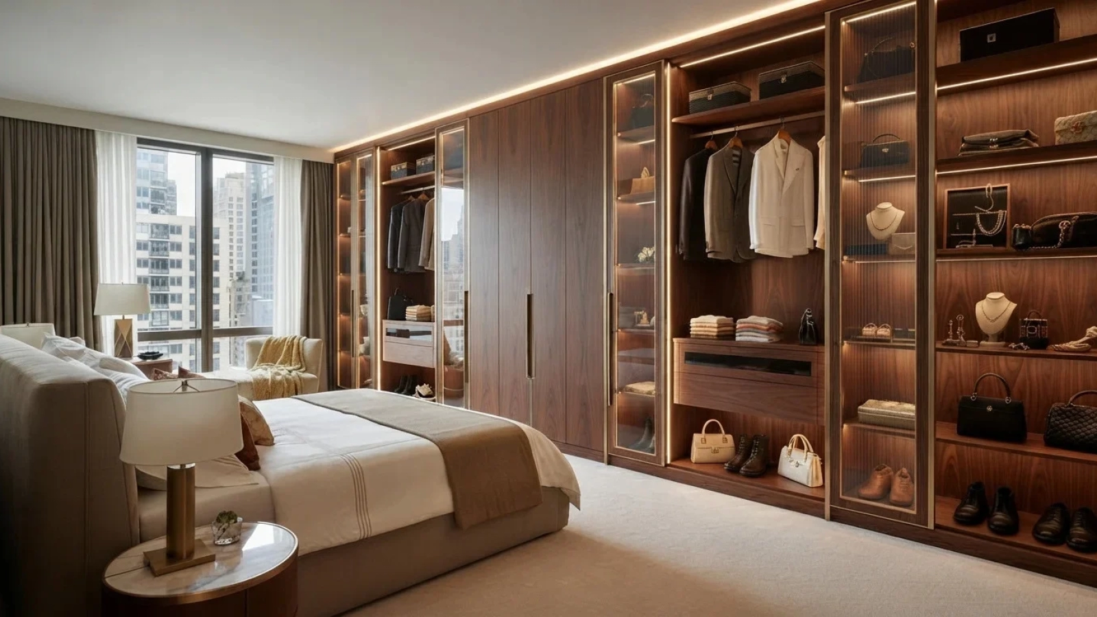 Custom bedroom and wardrobe furniture design in UAE with luxury built-in storage