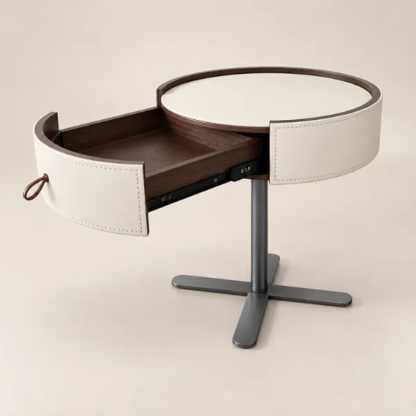 Axis Bedside Table | Round Leather & Wood Nightstand with Drawer