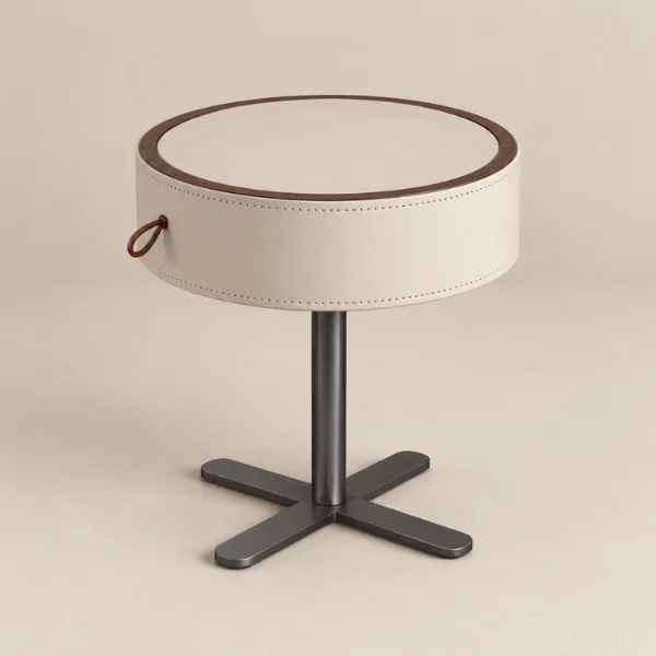 Axis Bedside Table | Round Leather & Wood Nightstand with Drawer