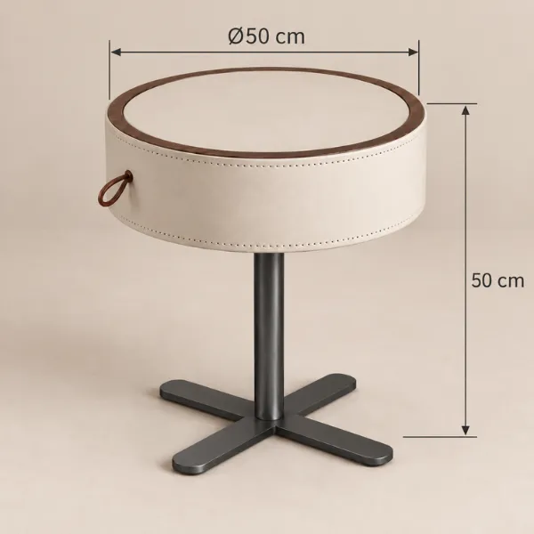 Axis Bedside Table | Round Leather & Wood Nightstand with Drawer