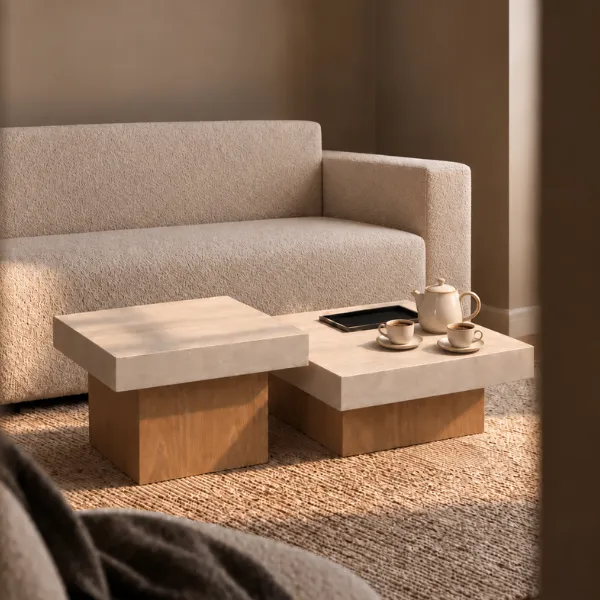 Terrace Coffee Table - Two-Tier Stone & Wood Table