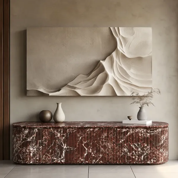 Cherry Buffet Cabinet | Red Marble & Reeded Wood Sideboard