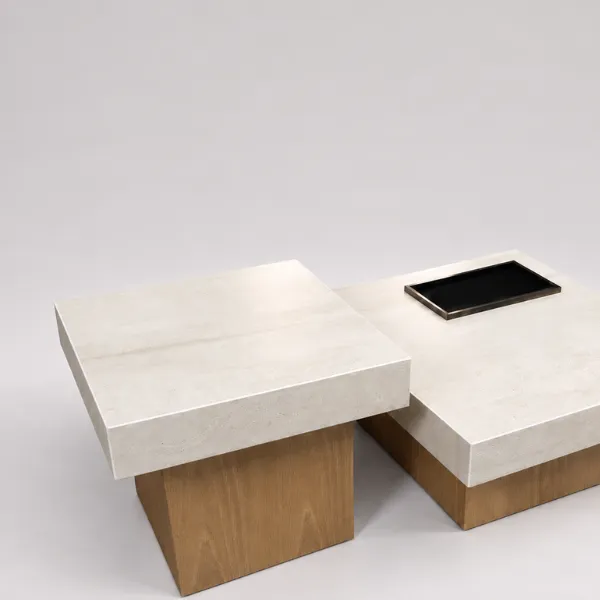 Terrace Coffee Table - Two-Tier Stone & Wood Table