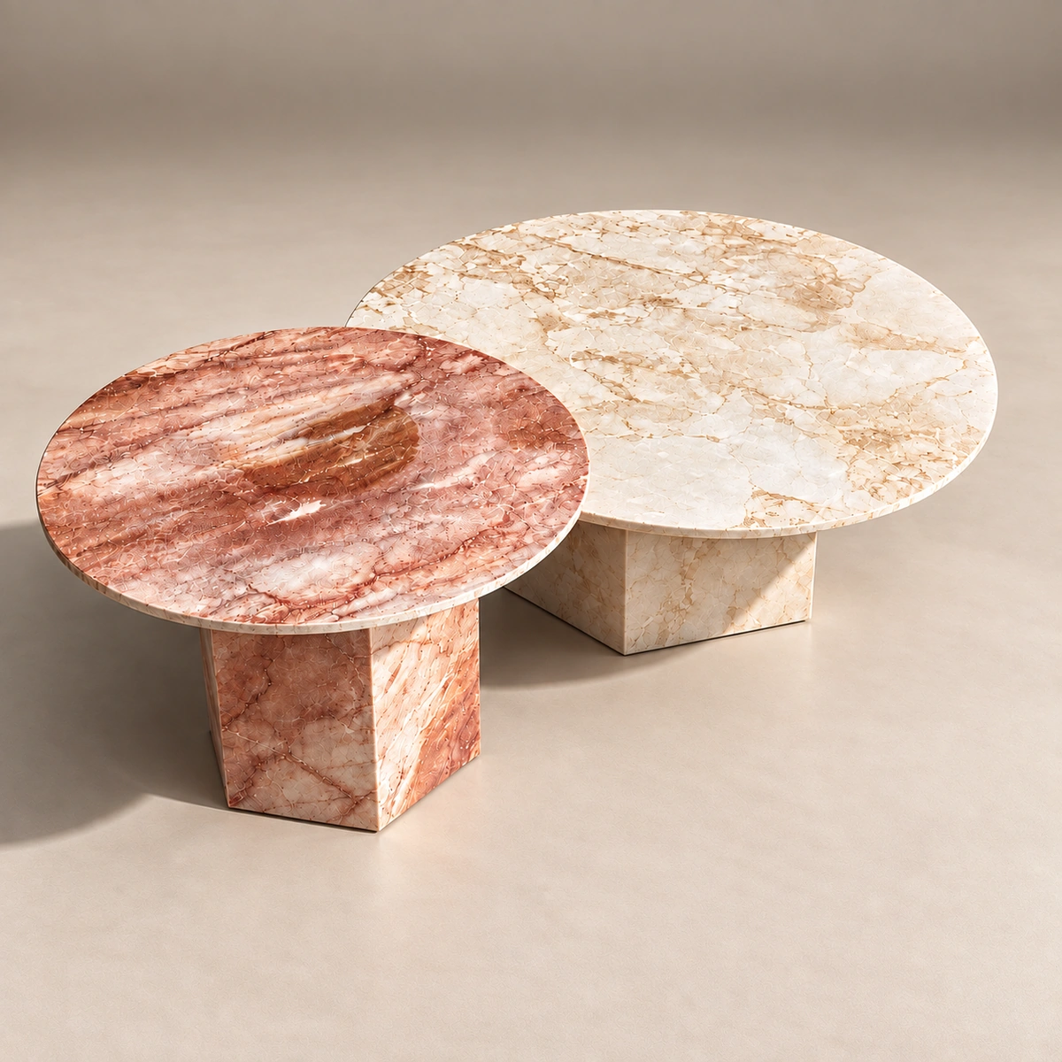 MARBELLA COFFEE TABLE - PINK TRAVERTINE & EARTH TONE BEIGE MARBLE ( SET OF 2 )