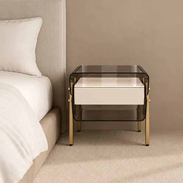 ELINA NIGHT TABLE - SMOKED ACRYLIC MEETS LACQUERED FINISH