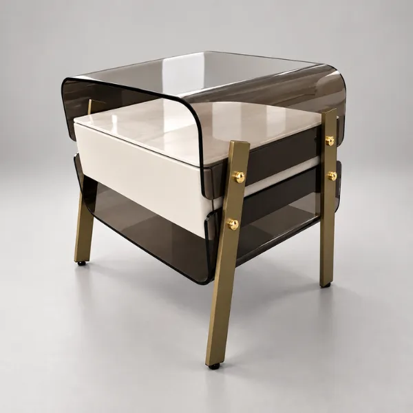 Elina Night Table | Smoked Acrylic & Brass Accents
