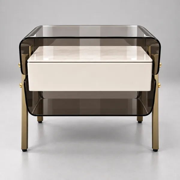 Elina Night Table | Smoked Acrylic & Brass Accents