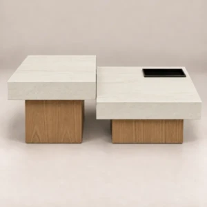 Travertine Coffee Table – Stone & Walnut Set | UAE