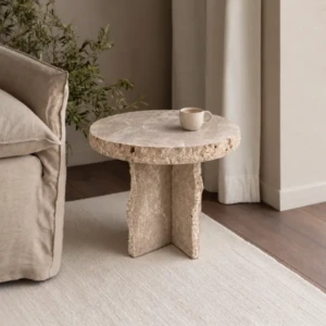 Travina Round Side Table | Natural Travertine Stone – 52x52x50cm