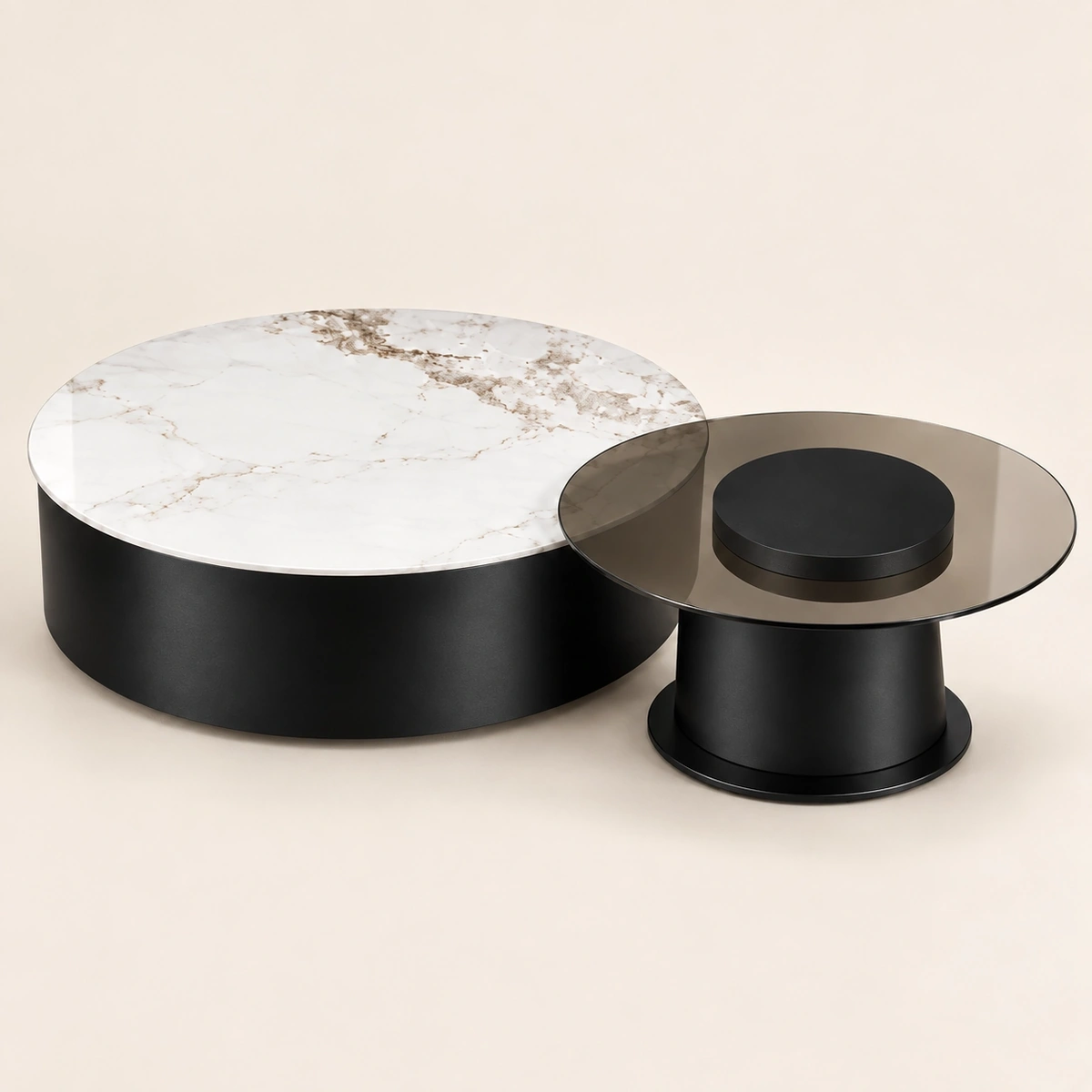 Vihan Coffee Table Set 2-Piece | Luxury Sintered Stone & Glass Nesting Table Walnut Design