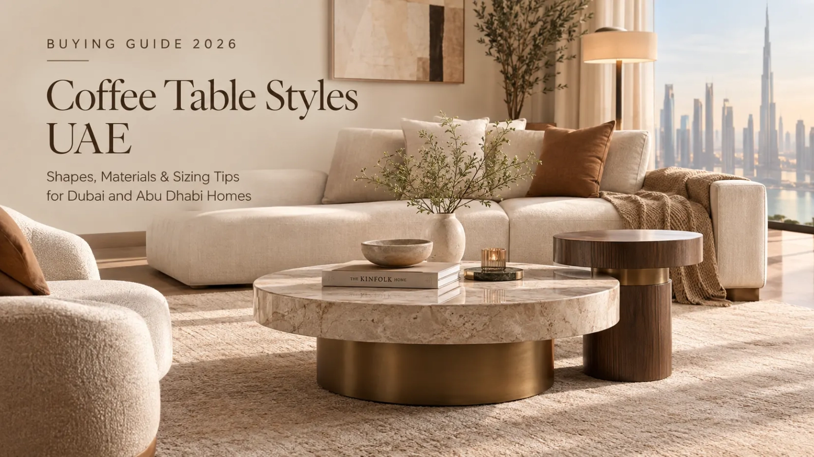 Luxury coffee table in a modern UAE living room with marble top and brass base