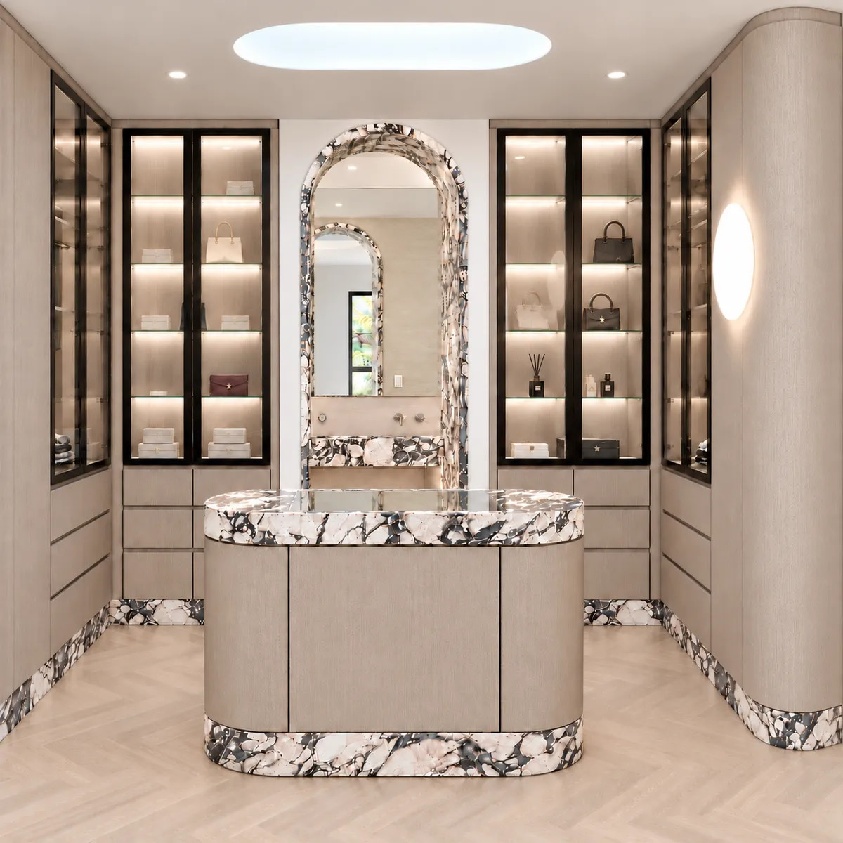 Glass-fronted walk-in wardrobe