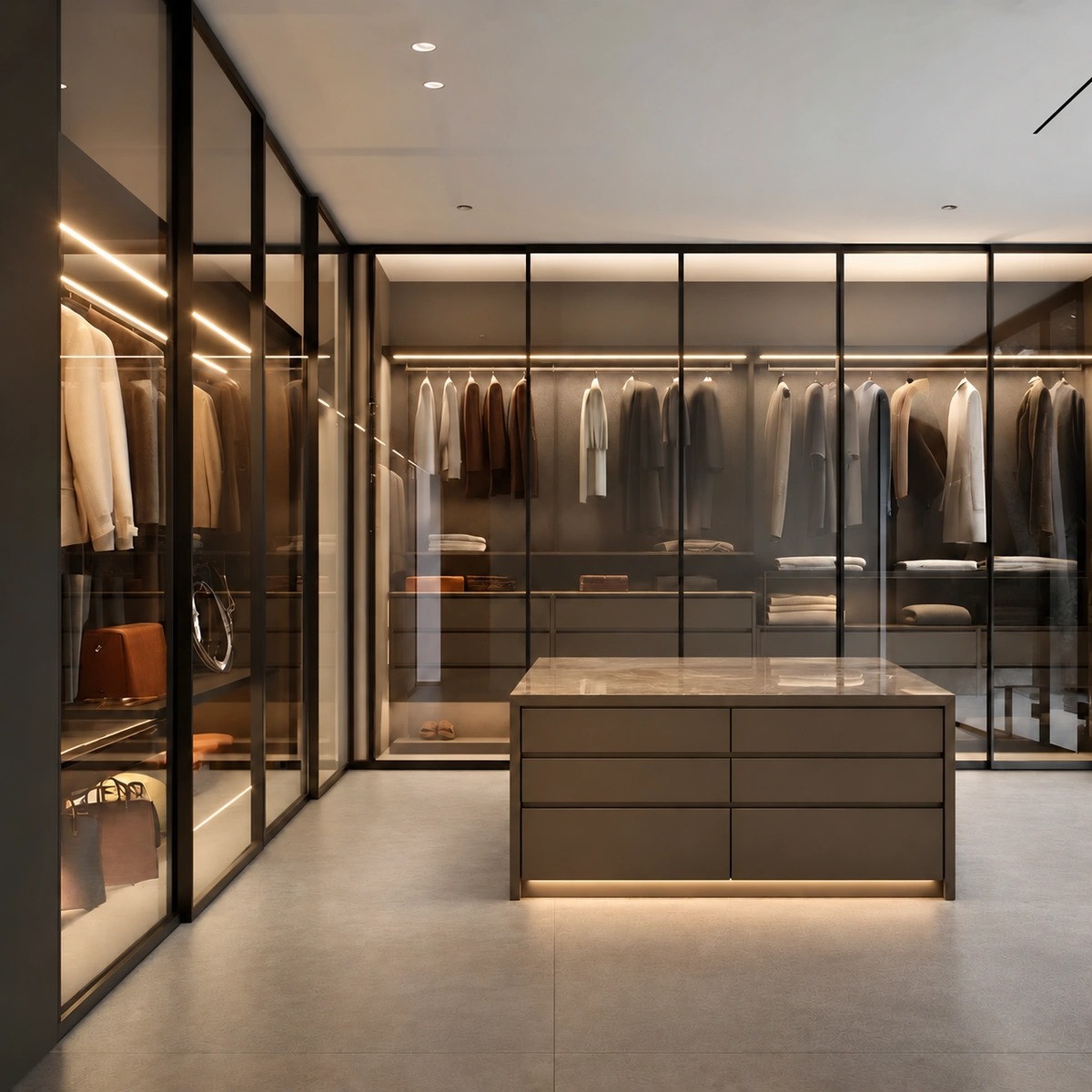 Dressing room with arched glass wardrobe