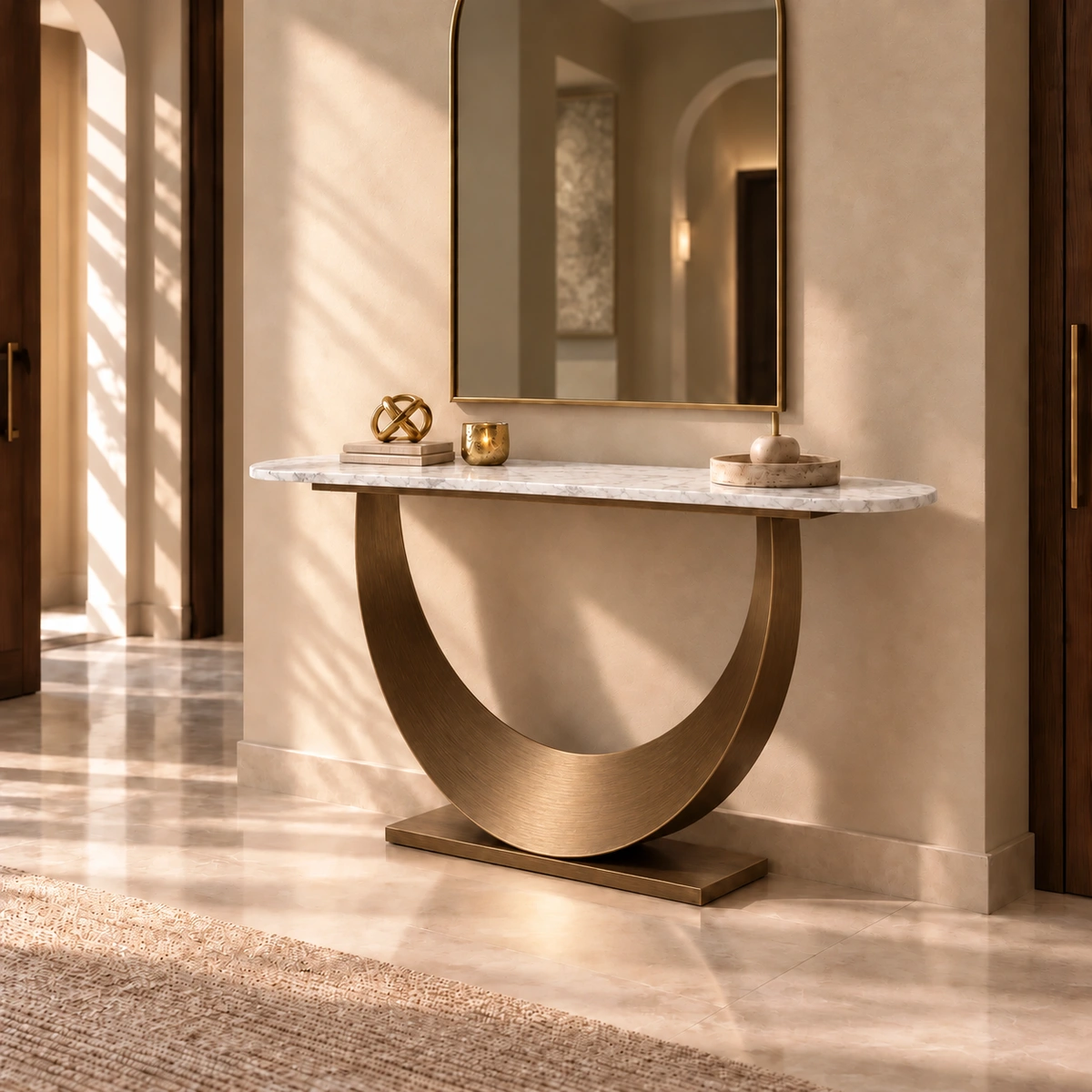 Crescent Brown & White Marble Console | Majestic Home UAE