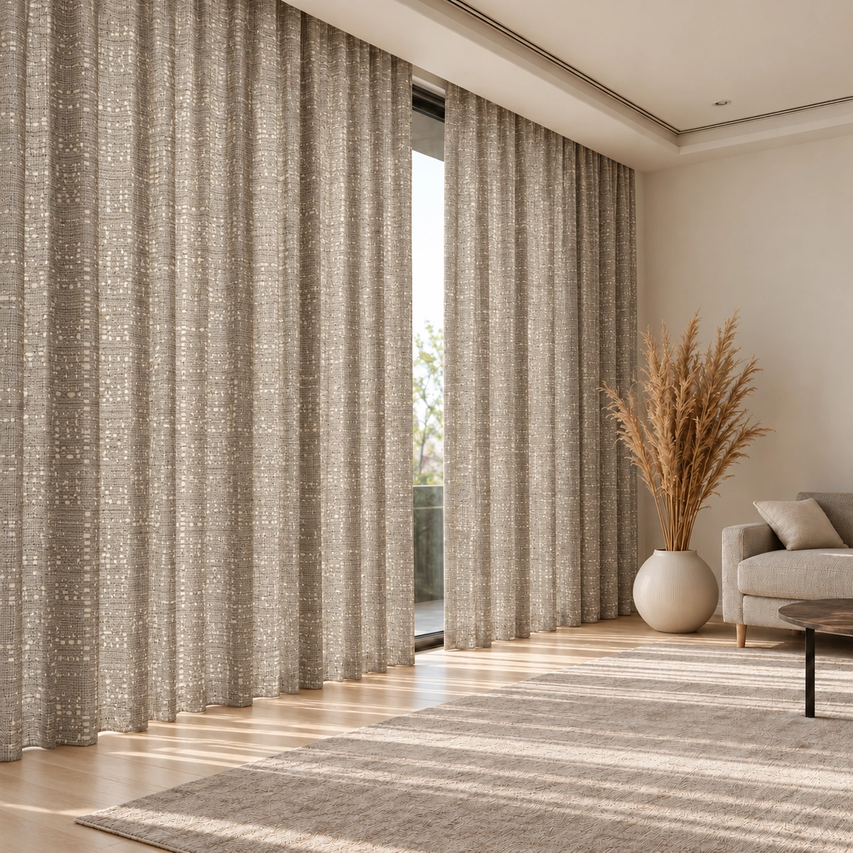 CALIA Curtain Fabric UAE | Warm Taupe and Cream Texture