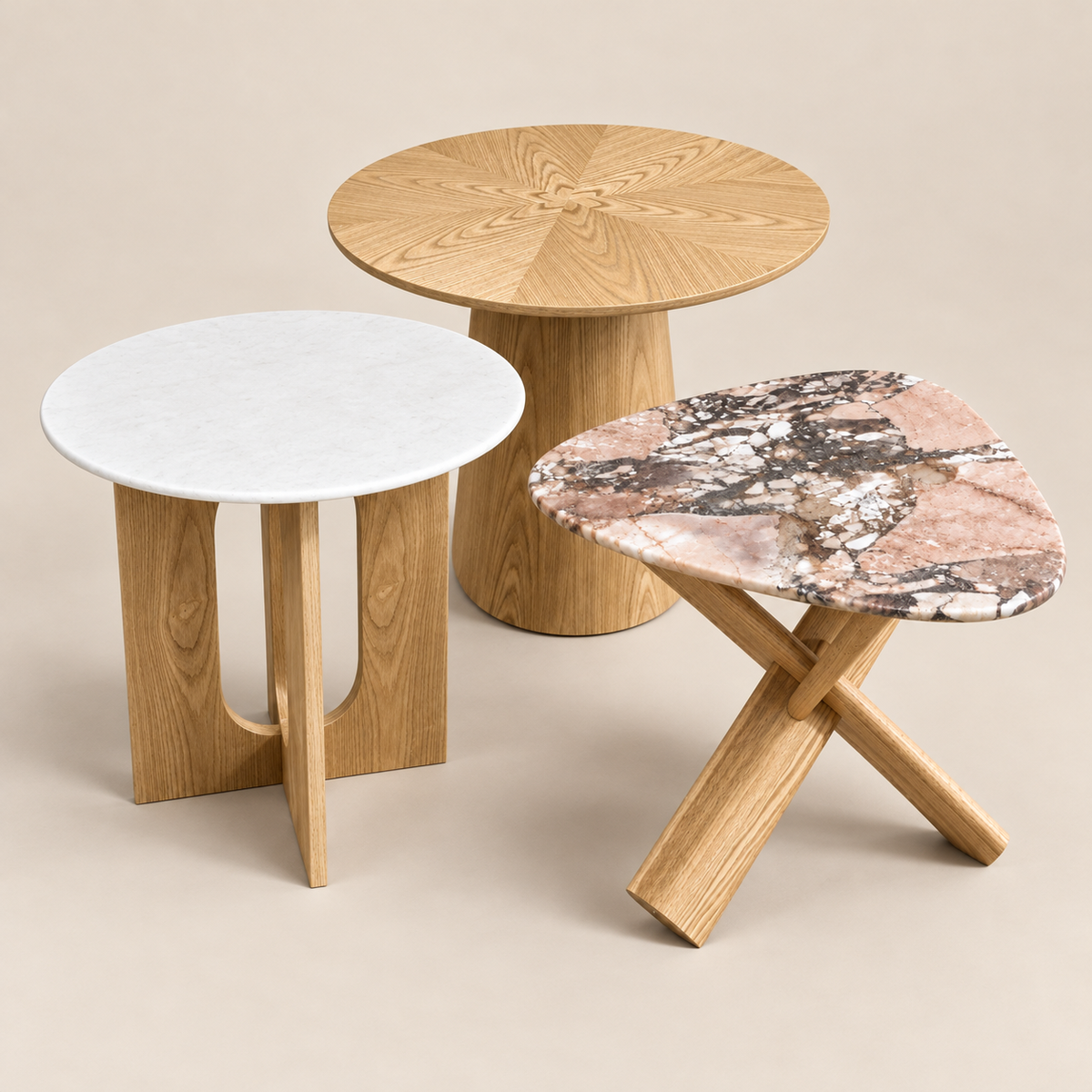 Clowy Side Table Set | Marble & Oak-Look Wood Tables